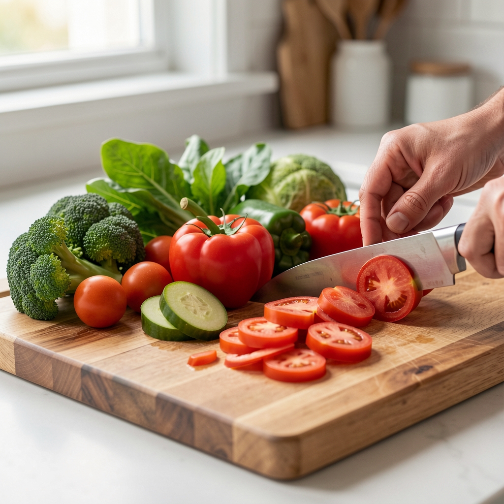 Close-up of a seasonal vegetable arrangement being prepared on a clean wooden chopping board with natural kitchen light