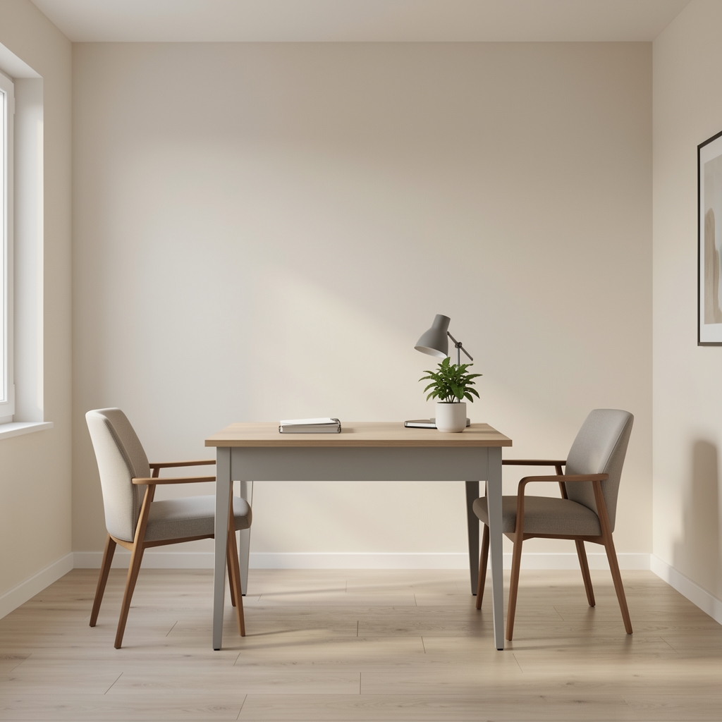 Wide view of a consultation room with a pale wall, small desk and two chairs facing each other in calm natural light