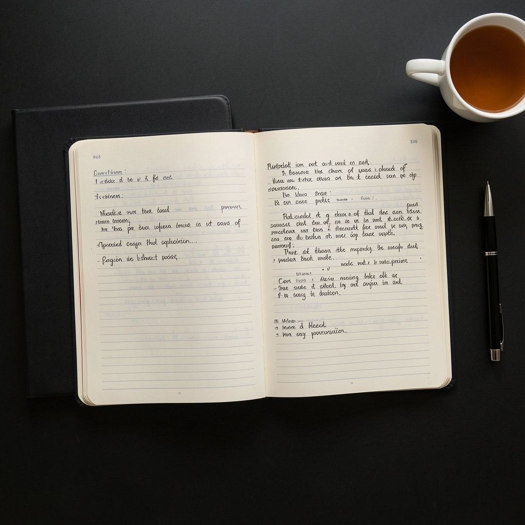 Overhead view of an open nutrition workbook with handwritten notes and a cup of tea on a dark surface