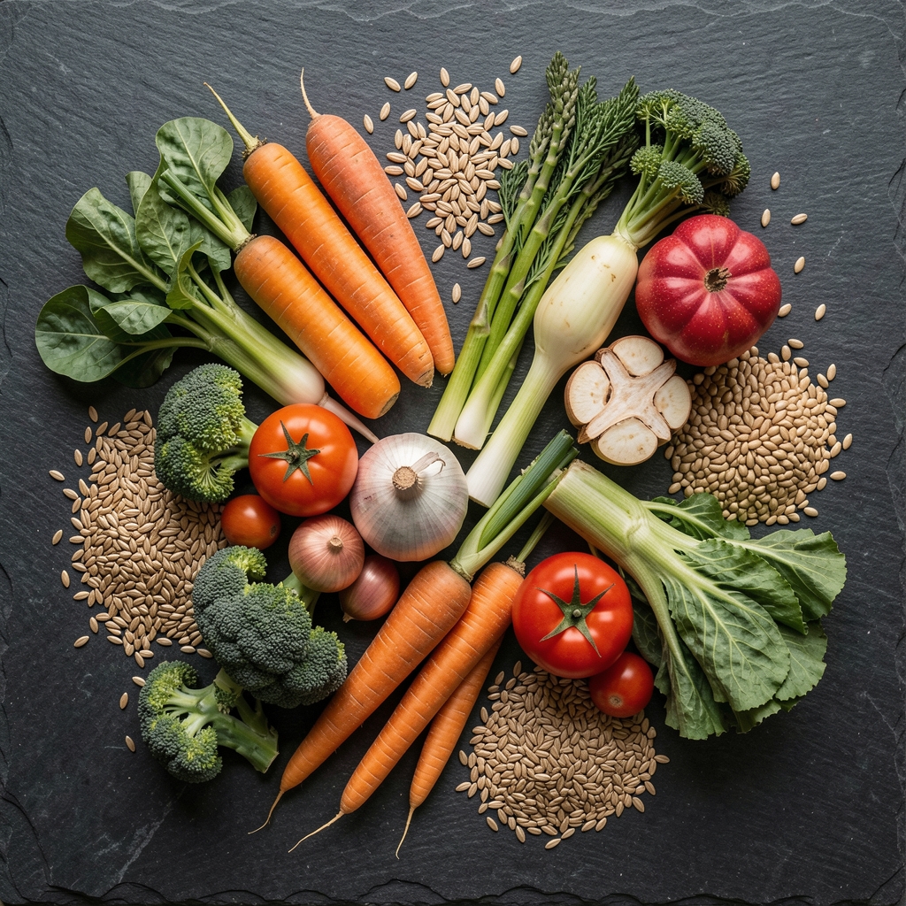 Overhead arrangement of seasonal vegetables and whole grains on a dark stone surface in natural London daylight