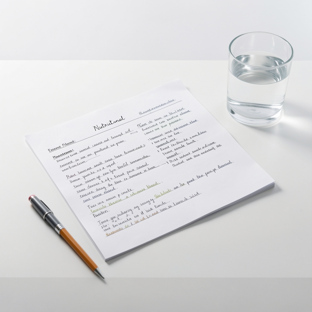 Nutritional research notes spread across a clean desk with pencil annotations and a glass of water beside them under bright studio lighting