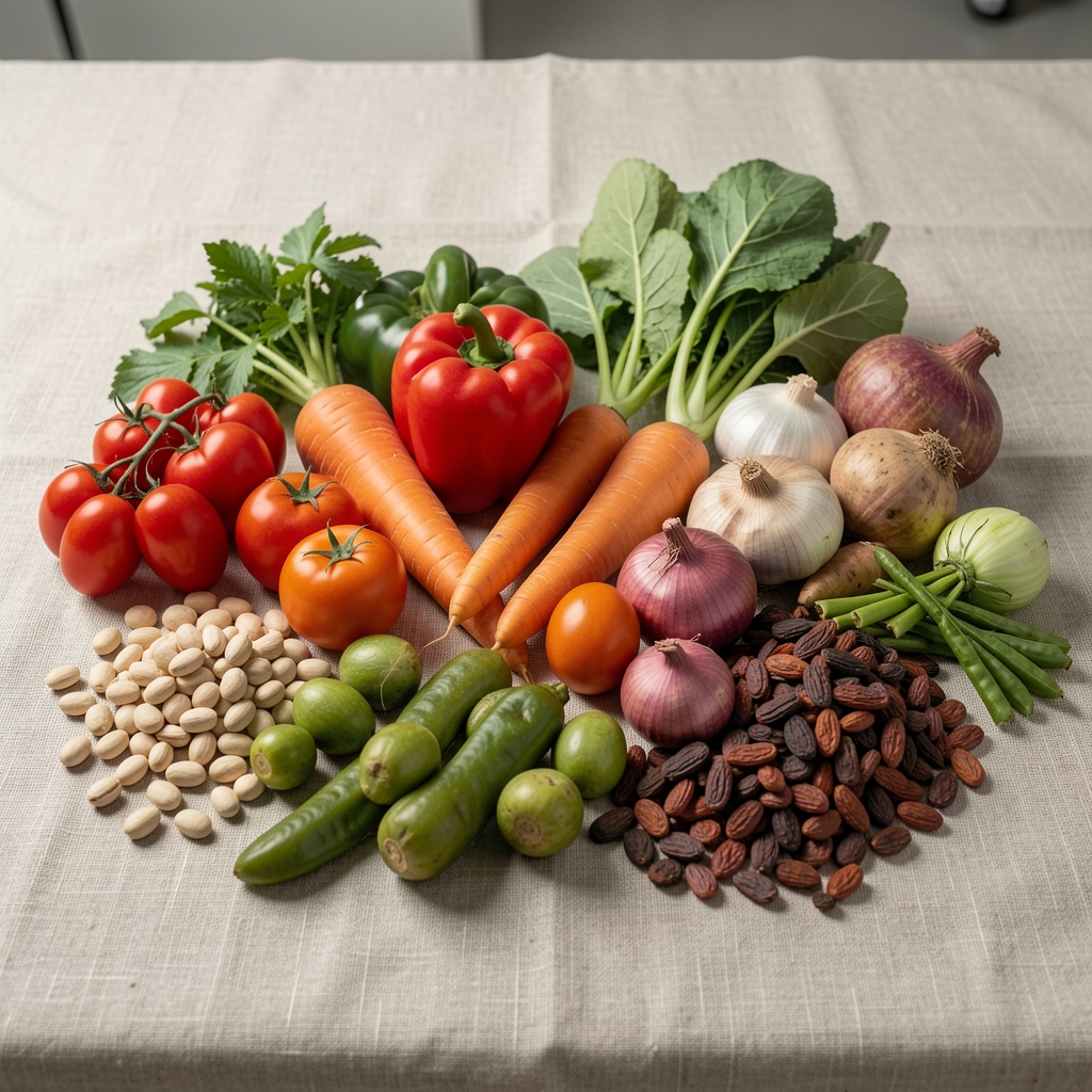Selection of whole seasonal vegetables and dried legumes arranged by colour on a linen background in a quality-control environment