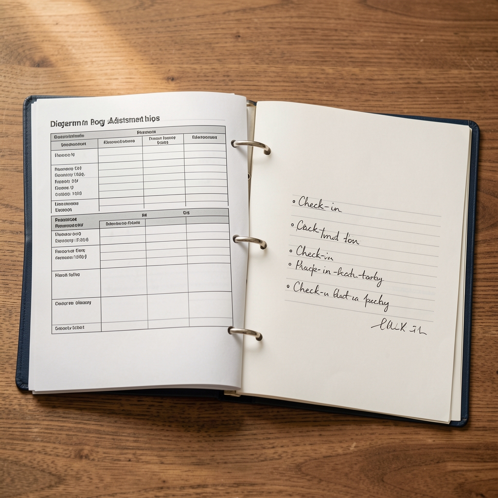 Open programme documentation folder with printed dietary adjustment logs and handwritten check-in notes on a wooden surface