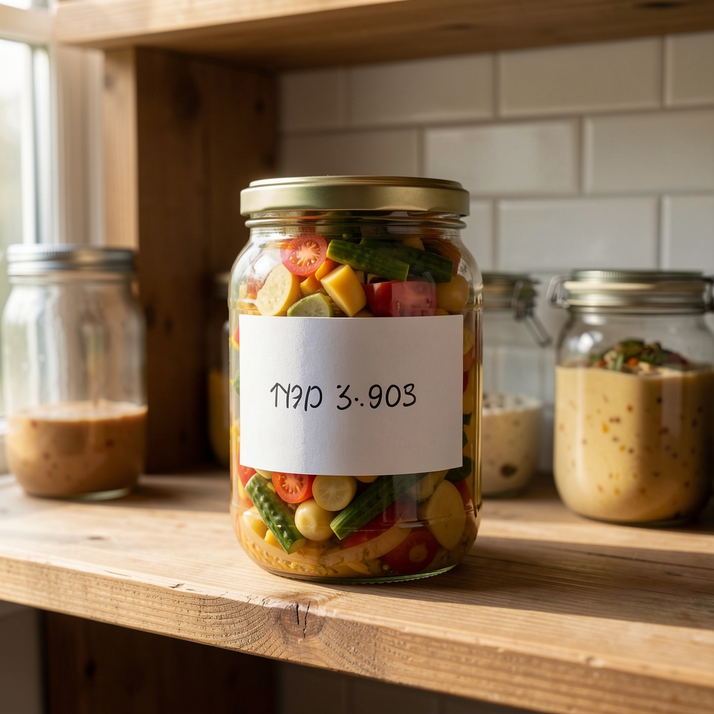 Jar of homemade fermented vegetables with label showing preparation date on a kitchen shelf with natural side lighting